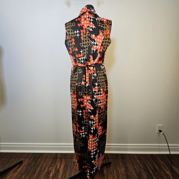 Black and red pattern retro satin taffeta like front slit lined maxi dress M - Picture 4 of 5